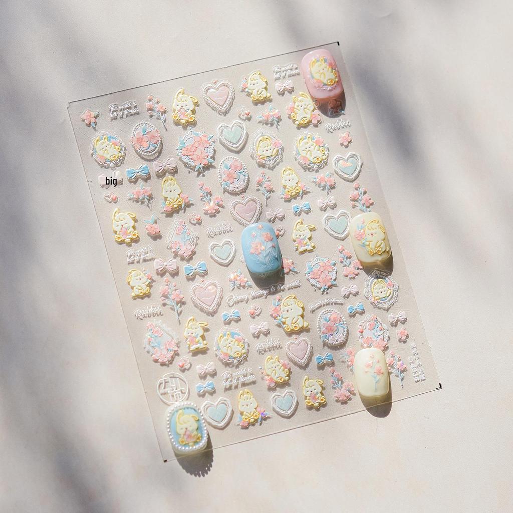 Tomoni 3D Geprägte Pfirsichblüte & Hase Nagelkunst Aufkleber - Japanischer Hot Style.