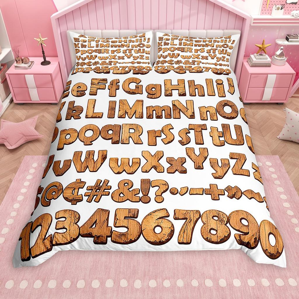 Homewish Cartoon Alphabet Duvet Cover Set For Kids Children Colorful Digital Table Comforter Cover Set School Theme Bed Set