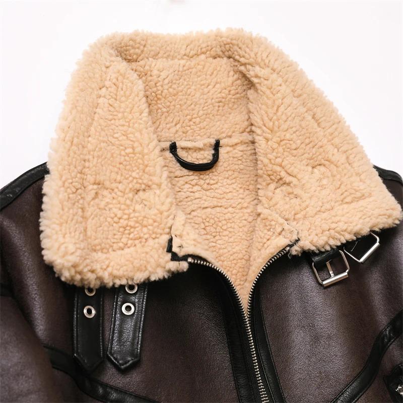 Women's Winter Warm Coat 2024 New Faux Leather Lamb Fleece Thickened Jacket Casual Motorcycle Bike Coat Belt Coat