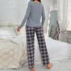 Women's Pajama Set Solid Long-sleeved Top with Plaid Trousers Suit Button Bow Trim Sleepwear Loungewear Nighties