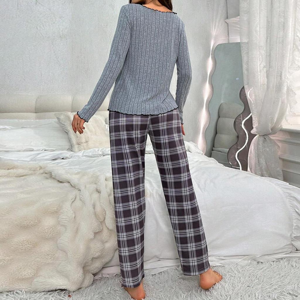 Women's Pajama Set Solid Long-sleeved Top with Plaid Trousers Suit Button Bow Trim Sleepwear Loungewear Nighties