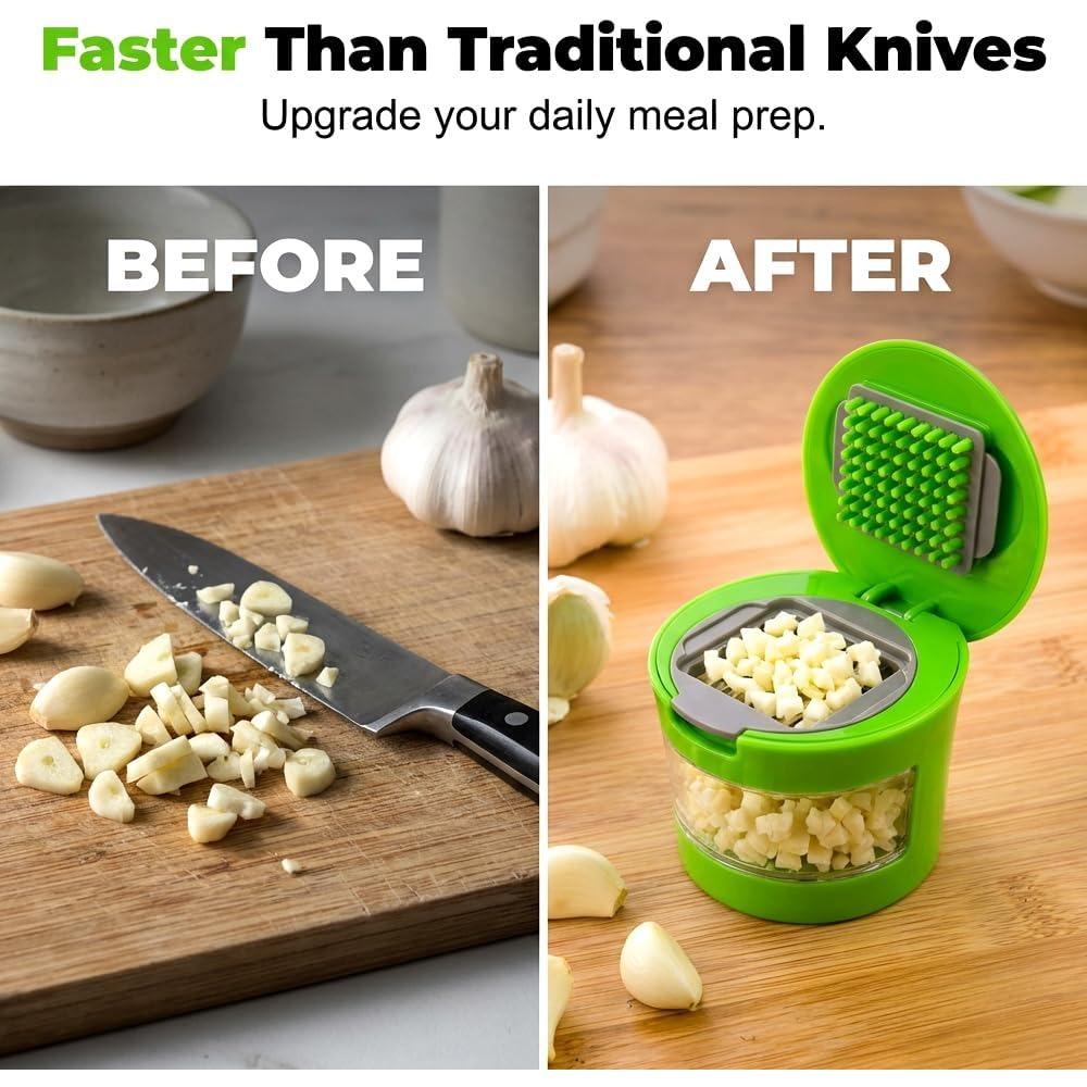 Stainless steel garlic press, 2026 upgraded version with storage container garlic grinder tool, garlic press and chopper