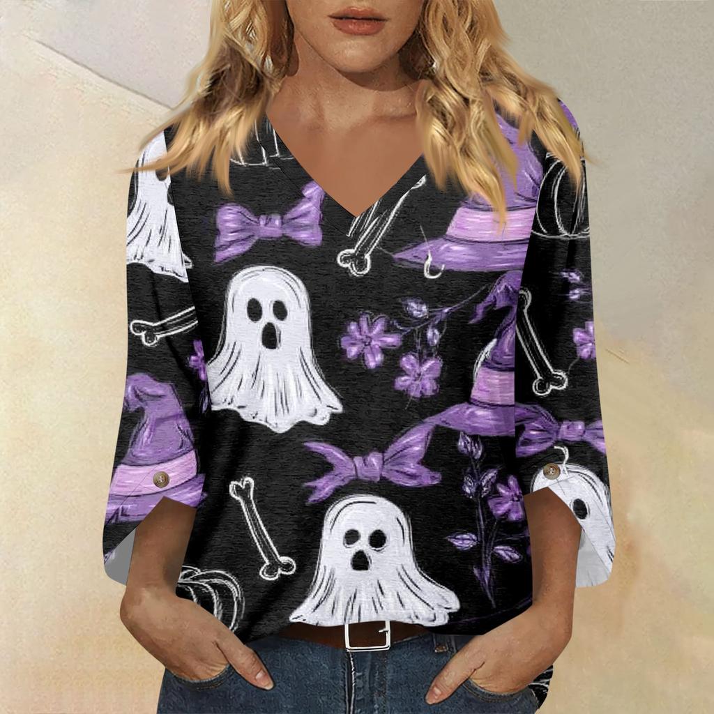 Womens Halloween Print V Neck Three Quarter Sleeve Casual Top Lightweight Loose Fit Pullover Blouse for Autumn and Spring