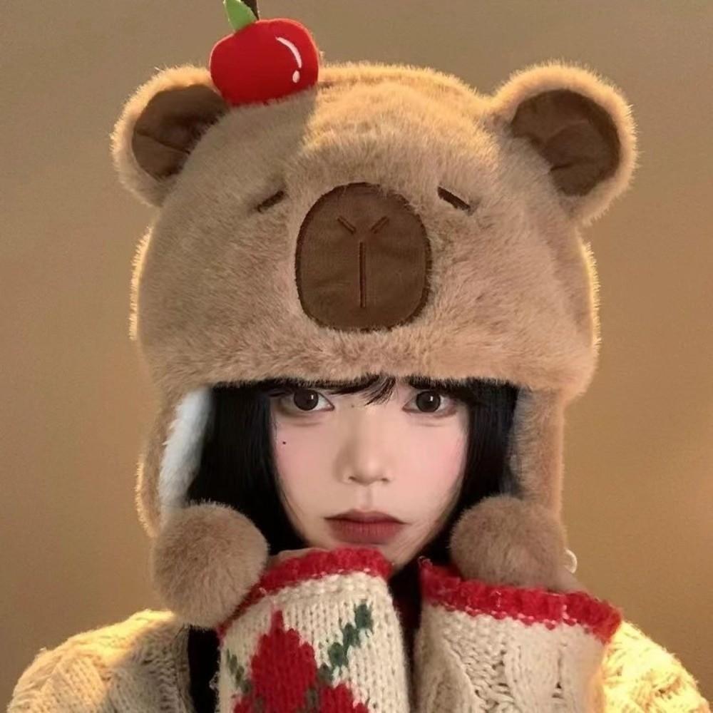 New Windproof Bonnet Cap Coldproof Warm Pullover Hat Plush Capybara Fluffy Ear Protection Cap Women