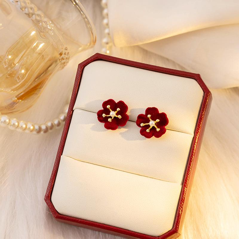 Silbernadel Herbst/Winter Rote Schleife Perle & Rose Kette Ohrringe
