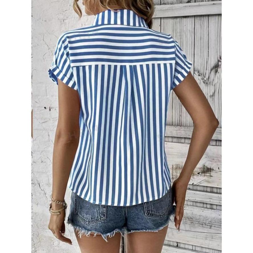 YYFS Damenmode Casual Sommer Frühling Streifendruck Kurzarm Polokragen Blusen & Hemden