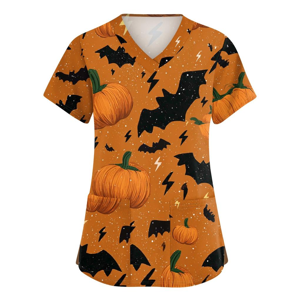 Dámské roztomilé potištěné pracovní oblečení Výstřih do V Dvouvrstvé kapsy Základní top s krátkým rukávem Pulovr