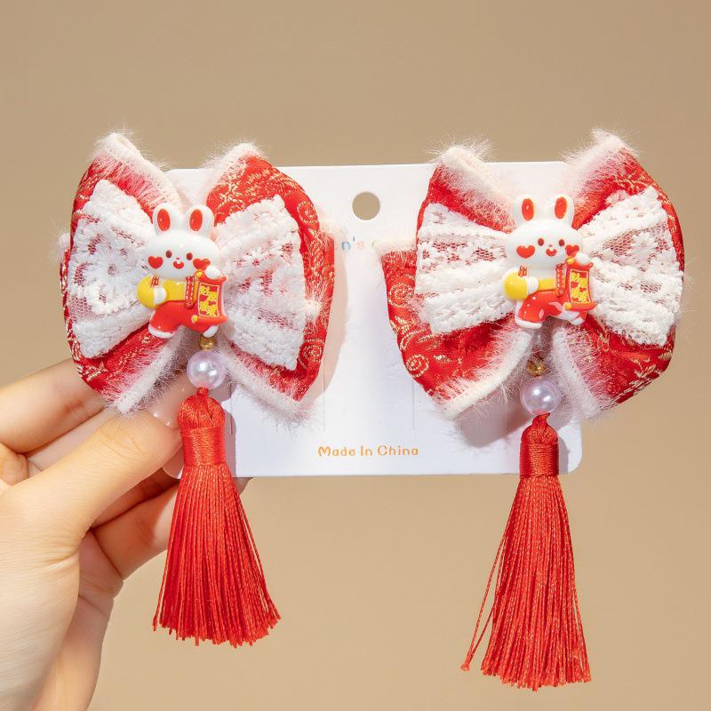 Chinese New Year Red Bow Tassel Hair Clips for Girls & Women - Cute Ancient Style Hair Accessories
