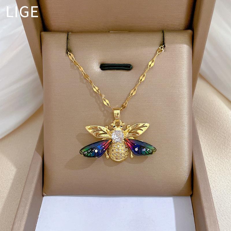 Colorful Bee Zircon Light Luxury Temperament Gorgeous Full Diamond Necklace Female Versatile Collarbone Chain Titanium Steel Chain