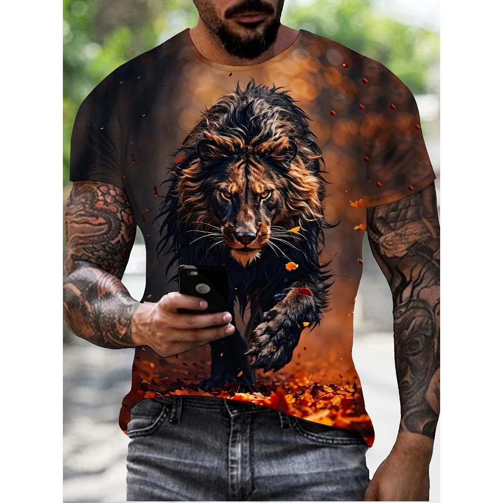 Men s T-shirt 3D lion print top casual short sleeved shirt 2XS