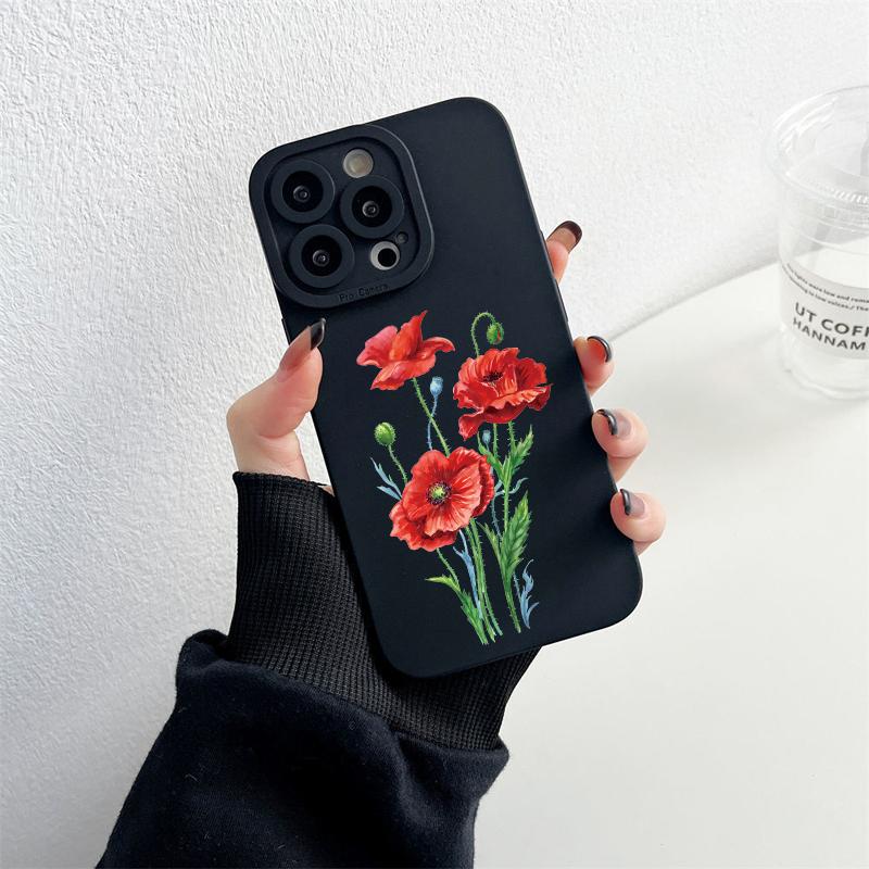 Poppy Flower Bloom Phone Case Black Color For iPhone 7 8 Plus SE2 13 12 11 14 Pro Max X XR XS Soft Silicone Cover Funda Shells