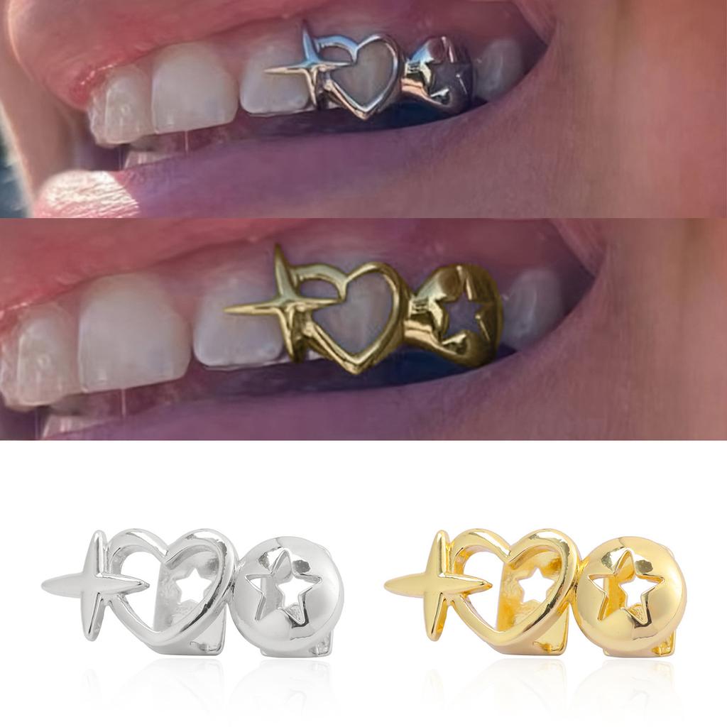 Punk Hip Hop Hollow Heart Teeth Caps for Women Men Vintage Silver Double Love Star Tooth Grills Couple Jewelry Accessories