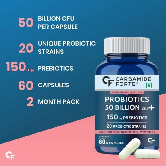 Carbamide Forte Probiotics Supplement 50 Billion CFU Gut Health Supplements with Probiotic | Gut Cleanse with Prebiotics and Probiotics– 60 Capsules