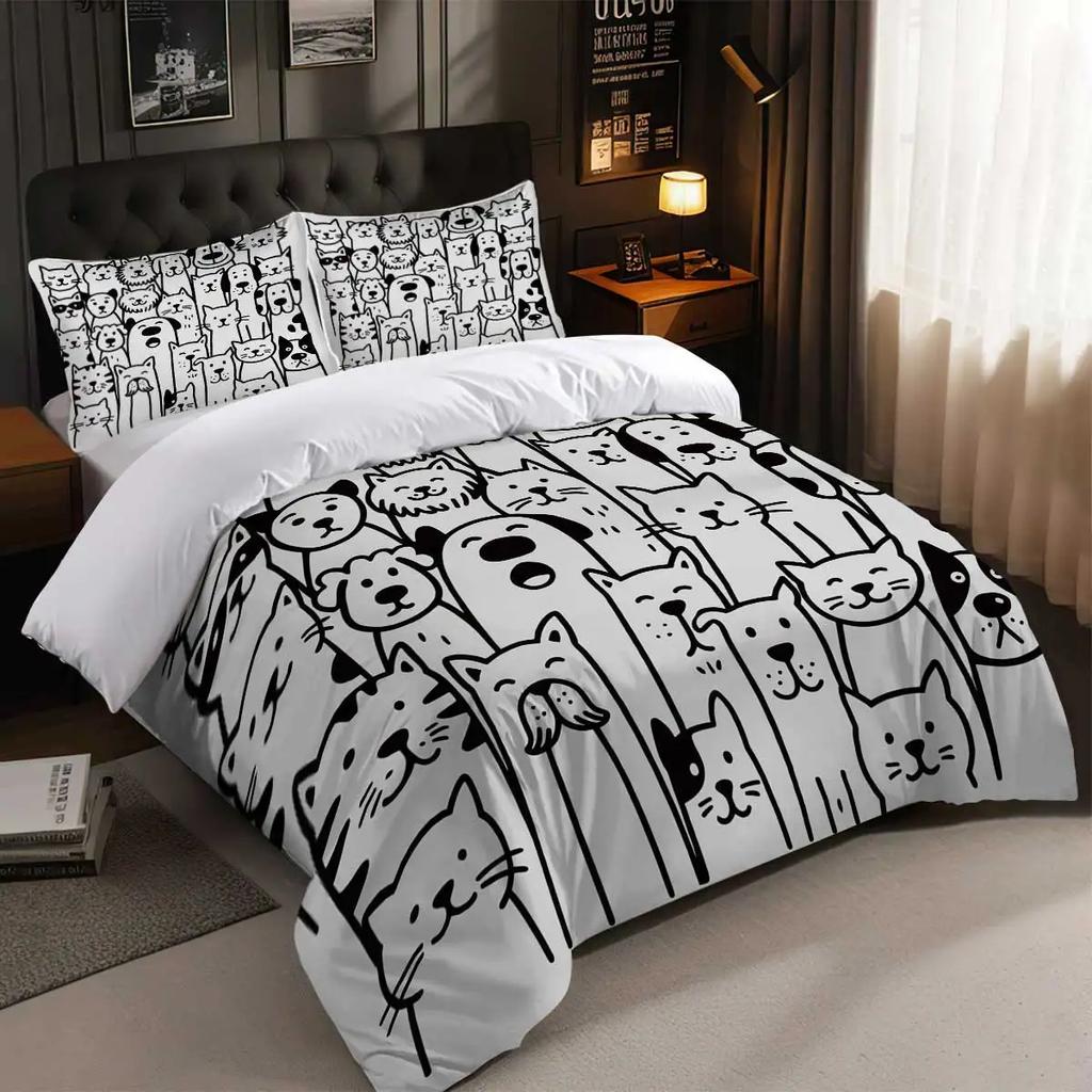 3-teiliges 3D Katzen Bettwäsche Set King Size, Cartoon Schwarz-Weiß Katze und Hund Musterdruck Bettbezug Set für Schlafzimmerdeko
