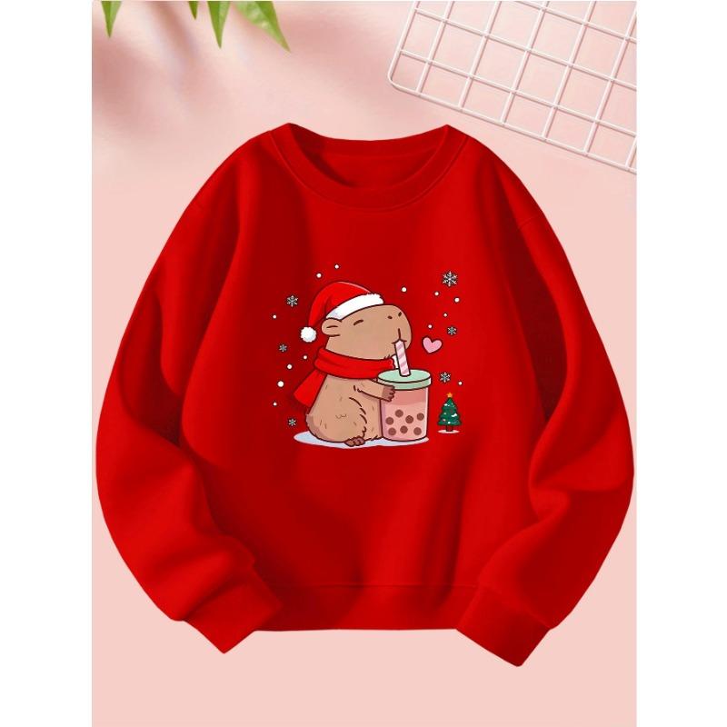 Cute Girl Christmas Creative Capybara Print Sweatshirt - Comfortable Long-Sleeve Round Neck for Autumn And Winter