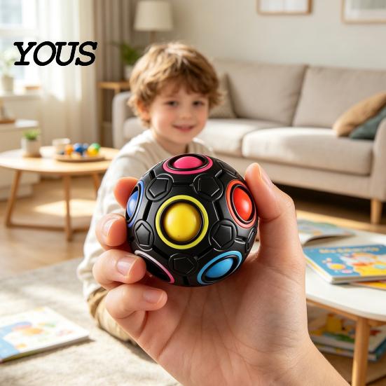 Educational Rainbow Balls Football Fidget Toy with 12-Holes, Stress Relief Press Ball Sensory Handheld Reliever Toy, Mini Push for Adults and Kids