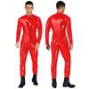 Mens Long Sleeve Bodysuit Jumpsuit Stand Collar Patent Leather Shiny Catsuit Party Clubwear