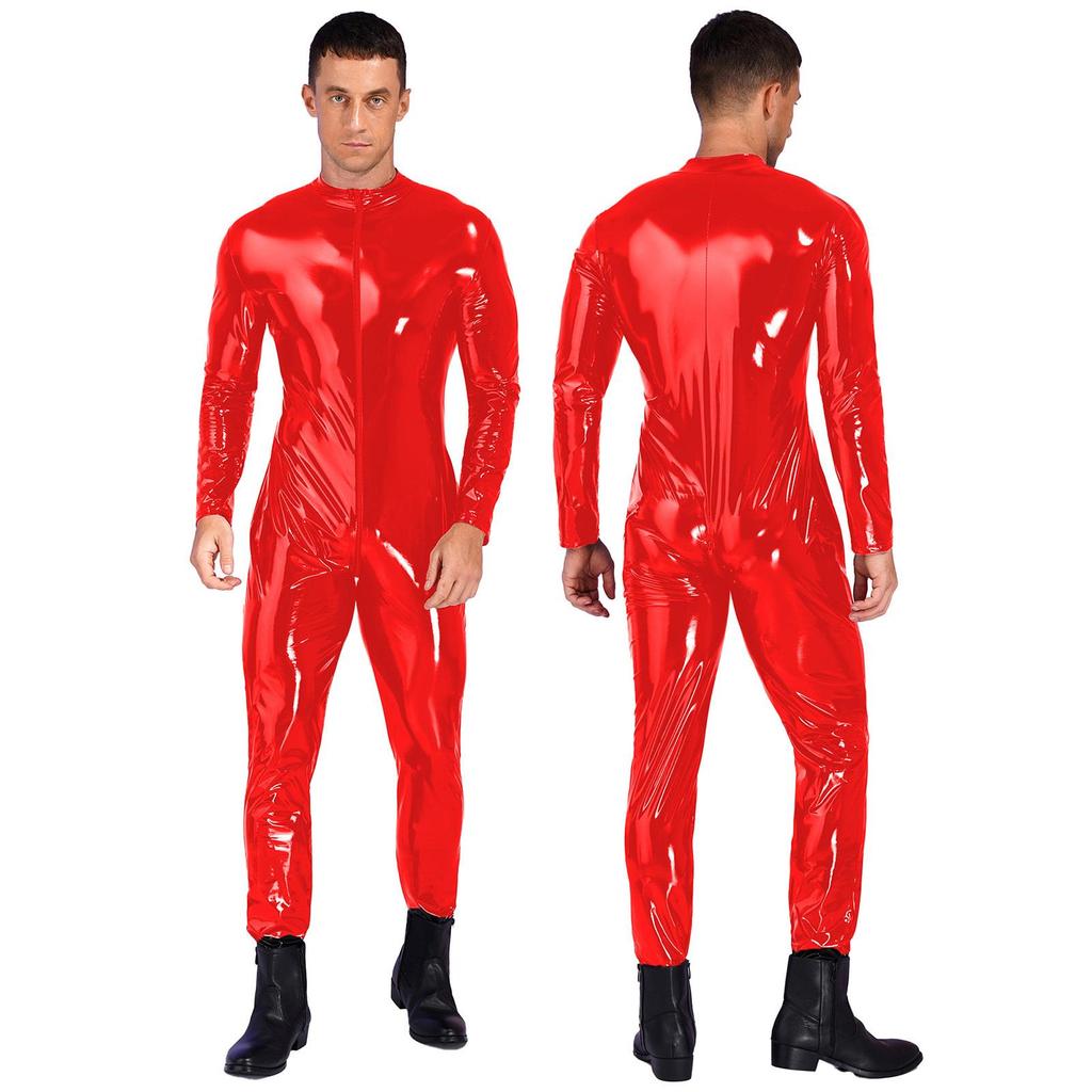 Mens Long Sleeve Bodysuit Jumpsuit Stand Collar Patent Leather Shiny Catsuit Party Clubwear
