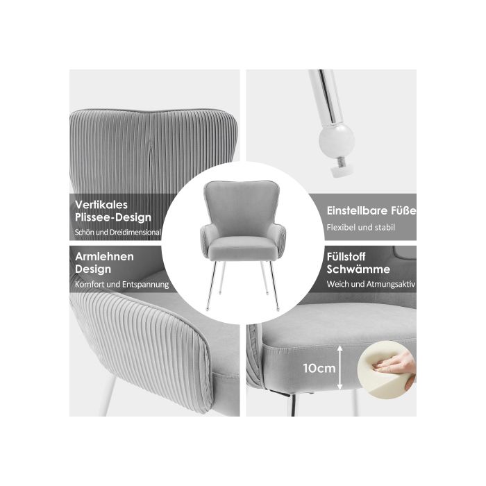 Chaises de salle à manger - Set de 6 - Velours gris - Accoudoirs - Pieds réglables en métal