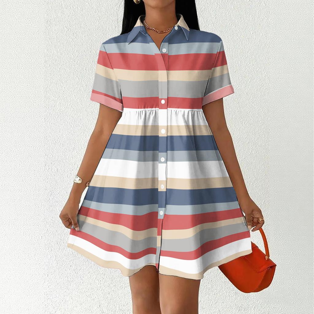 Women Loose Fit Casual Shirt Dress with Button Front and Stand Collar Short Sleeve Striped Design for Everyday Wear