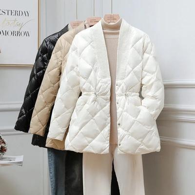 2024 Damen Daunen Baumwolljacke Herbst Winter Neu Lingge Baumwollmantel Damen V-Ausschnitt Taillenraffung Baumwollgefütterte Parkas