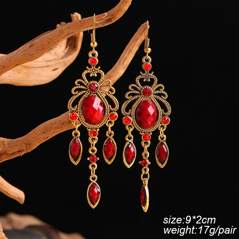 Ethnic Vintage Red Temperament Long Dangle Earrings for Women Flower Peacock and Water Drop Design Wedding Party Jewelry