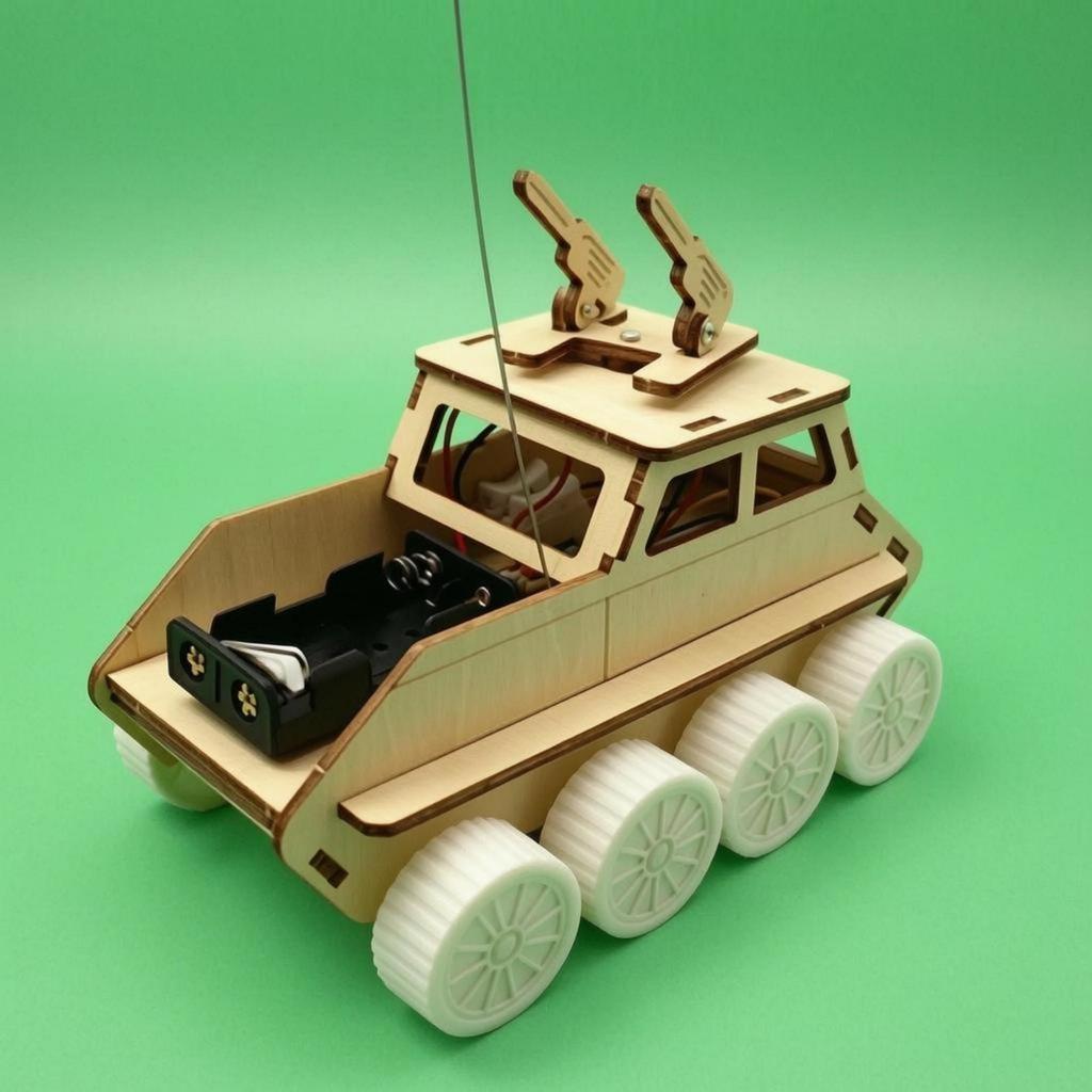 RemoteControl Tank Car Light Wood Finish Cut Wooden Vehicle Kit TurretRotating Top Piece DIY Armored