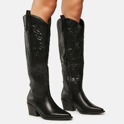 Fashion Winter Large Size 43 In Stock for Dropship Vintage Knee High Cowgirls Black Western Boots Shoes Zip Up White Cowboy Boots Women