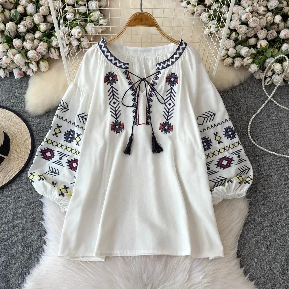 Jesień Zima Nowe Vintage Etniczne Bluzki Haft Luźny Dekolt V Nadruk Ropa Mujer Frędzle Sznurowanie Casualowa Koszula w Stylu Francuskim