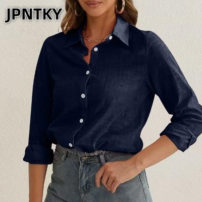 JPNTKY Women's Fashion Casual Solid Color Print Long Sleeve POLO Neck Blouses & Shirts
