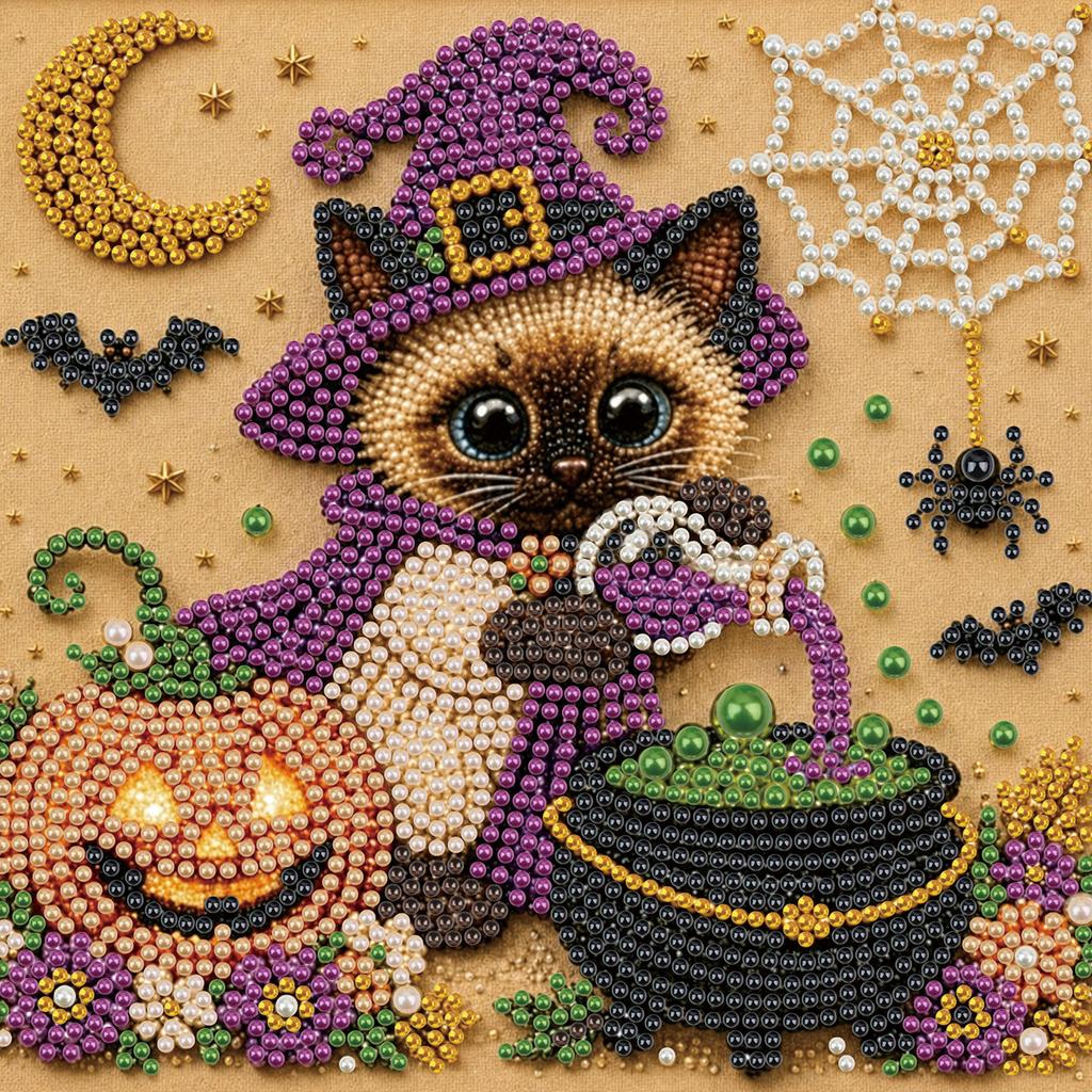 Full Drill Pearl Painting Kit with Frame 20x20cm Halloween Animal DIY Bead Art 3D Sparkling Wall Decor