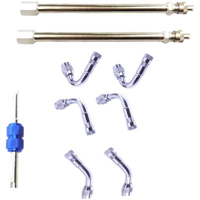 Set of 9 Brass Tire Inflation Extension Rods and Metal Air Connector Adapter for Tubeless Valve Use On Cars and Motorcycles