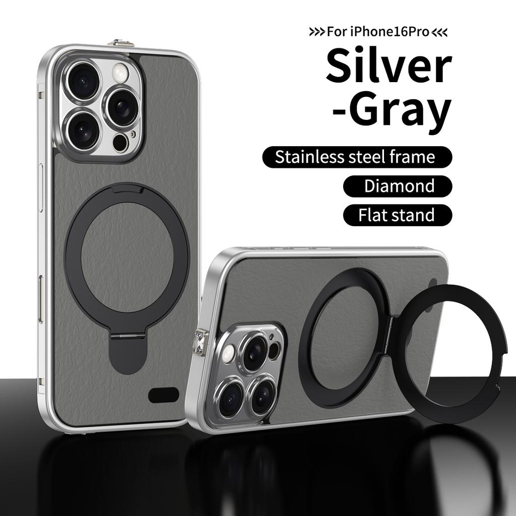 Luxury Aluminum Alloy Leather Magnetic Stand Phone Case For iPhone 16 15 Pro Max Magsafe Wireless Charging Metal Lens Frame Cover