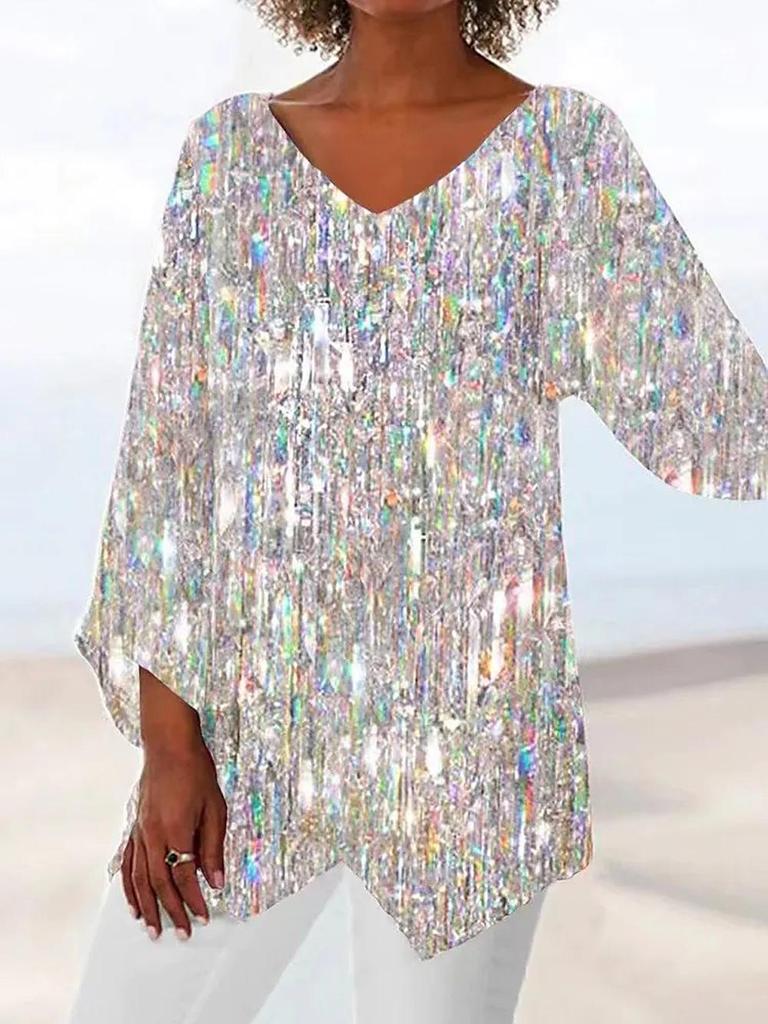 2024 Women's Plus Size Casual V-Neck Long Sleeve Printed Top