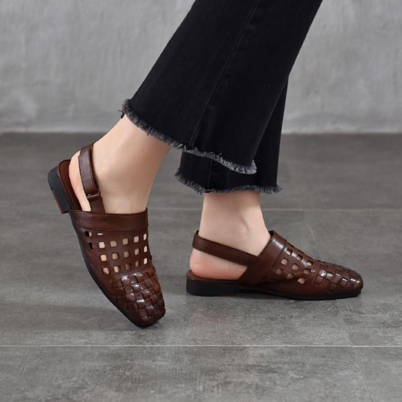 Johnature Real Leather Low Heel Sandals Woven Hollow Out Versatile Square Toe Commuting Women's Shoes