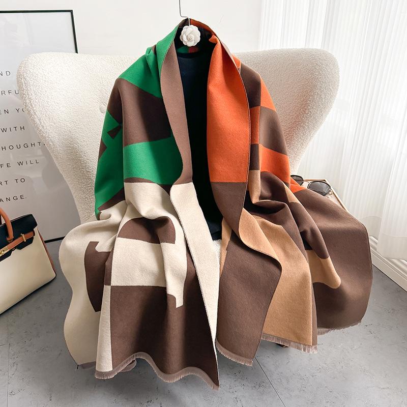 24 Autumn and Winter Splicing Scarf Women's Fashion Warm Versatile Imitation Cashmere Scarf Thickened High-end Shawl