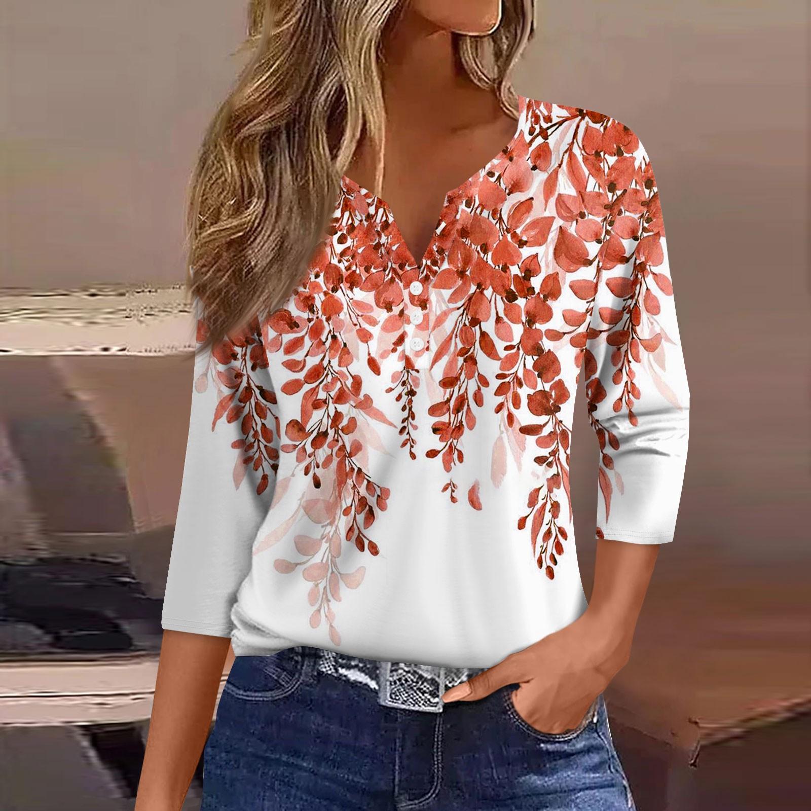 

Жіноча футболка з принтом на ґудзиках, рукави 3/4, щоденна мода на вихідні, звичайний топ із V-подібним вирізом XL Кіновар