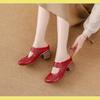 Johnature Mid Heel Slippers Ethnic Style Genuine Leather Hollow Out Breathable Women's Shoes