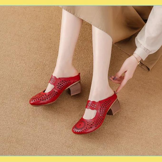 Johnature Mid Heel Slippers Ethnic Style Genuine Leather Hollow Out Breathable Women's Shoes