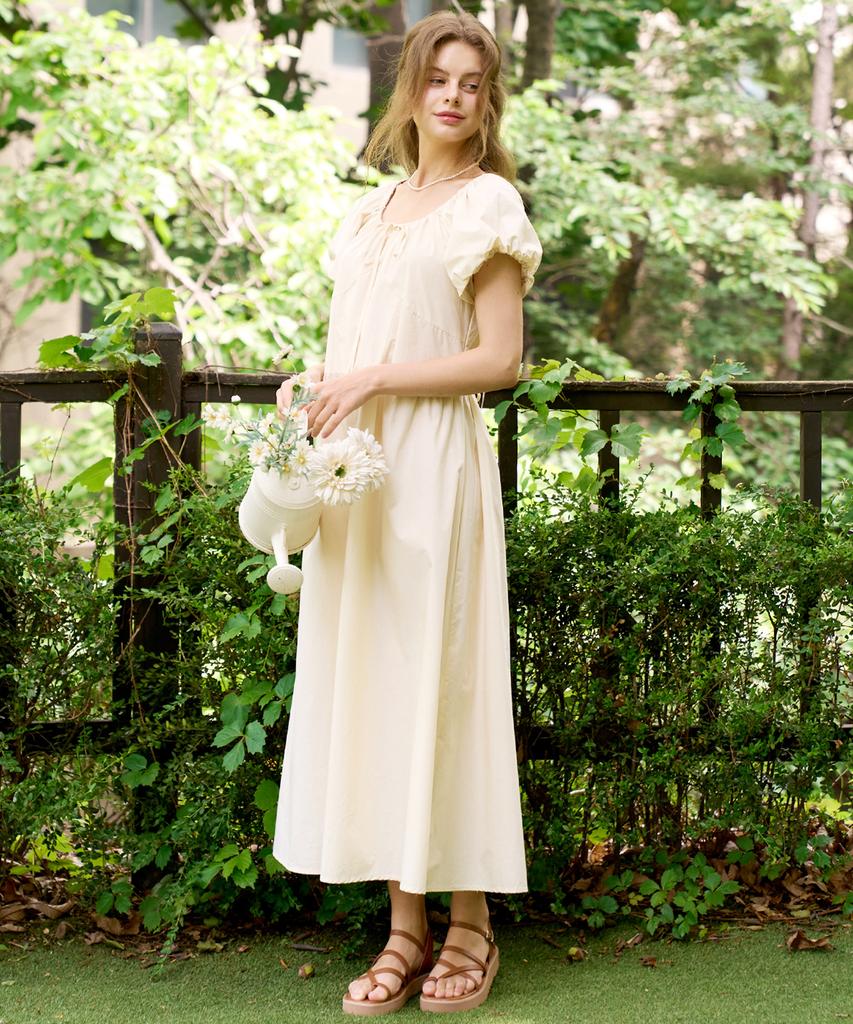 Slow Lolly Puff Shirring Long Dress - Beige