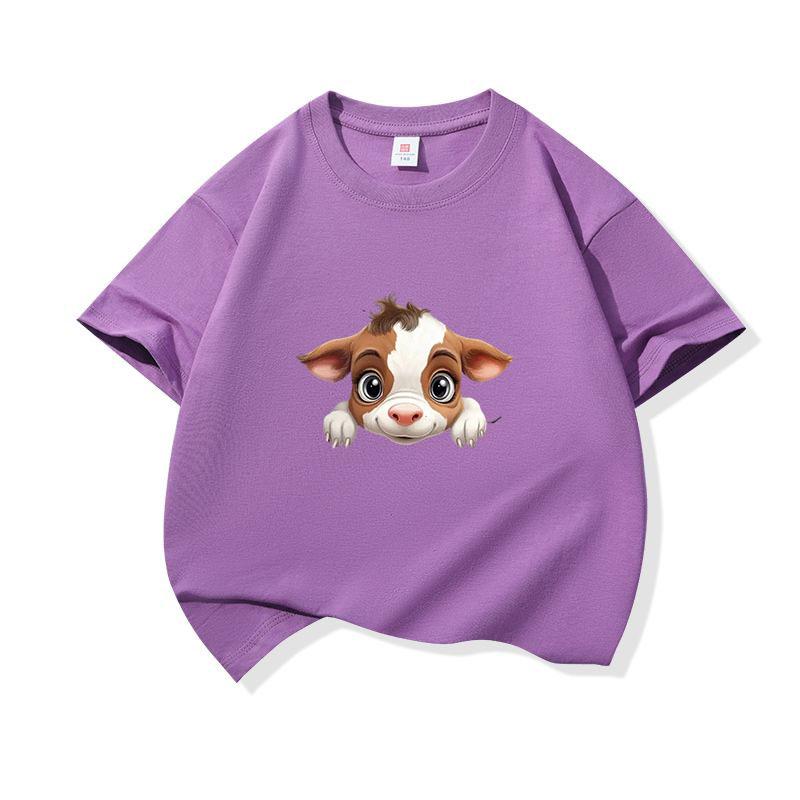 Kids Cotton T Shirt Light Brown Baby Cow Peeking Print Crew Neck Short Sleeve Tee Casual Boys Girls Summer Tops