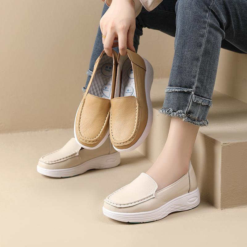 Fashion GKTINOO Women Wedges Platform Shoes Fashion Comfortable Sneakers Casual Slip-on Women's Loafers Soft Sole Genuine Leather Shoes