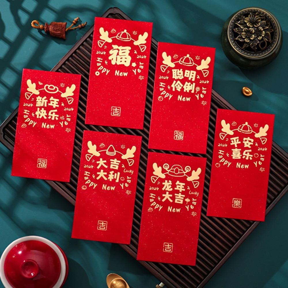 6Pcs Square Rectangle Chinese New Year Red Envelope Shining Lucky Money Bag  2024 Year of Dragon