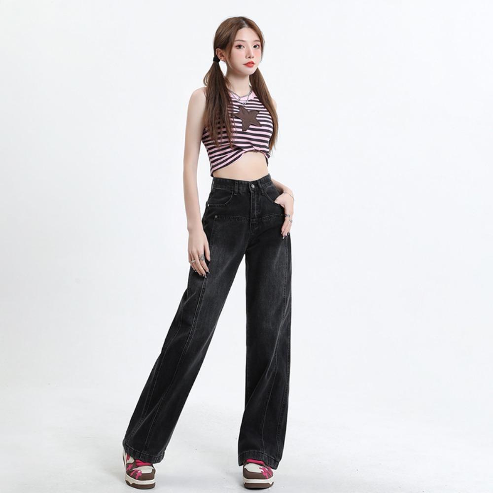 Personalized versatile high-waisted wide-leg jeans women's spring and autumn new design sense thin straight niche floor pants