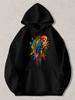 Black Pullover Hoodie with Vibrant Colorful Parrot Graphic Print, Artistic Bird Design Sweatshirt for Casual Daily Wear, Unisex St