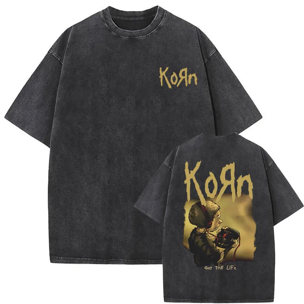 Washed Vintage Rock Band Korn Freak on A Leash Double Sided Print T Shirt Men Gothic Casual Oversized Tees Unisex Summer Tshirt