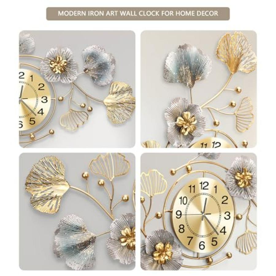 Large 3D Silent Wall Clock for Living Room Bedroom Kitchen Decor Retro Metal Ginkgo Leaf Design In Golden Color 32''x18''