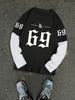 American College Style Patchwork Long-Sleeve T-Shirt with 69 Number Print, 2-in-1 Look, New Versatile College Trend Fashion Patchwork Top
