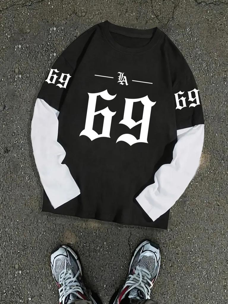 American College Style Patchwork Long-Sleeve T-Shirt with 69 Number Print, 2-in-1 Look, New Versatile College Trend Fashion Patchwork Top
