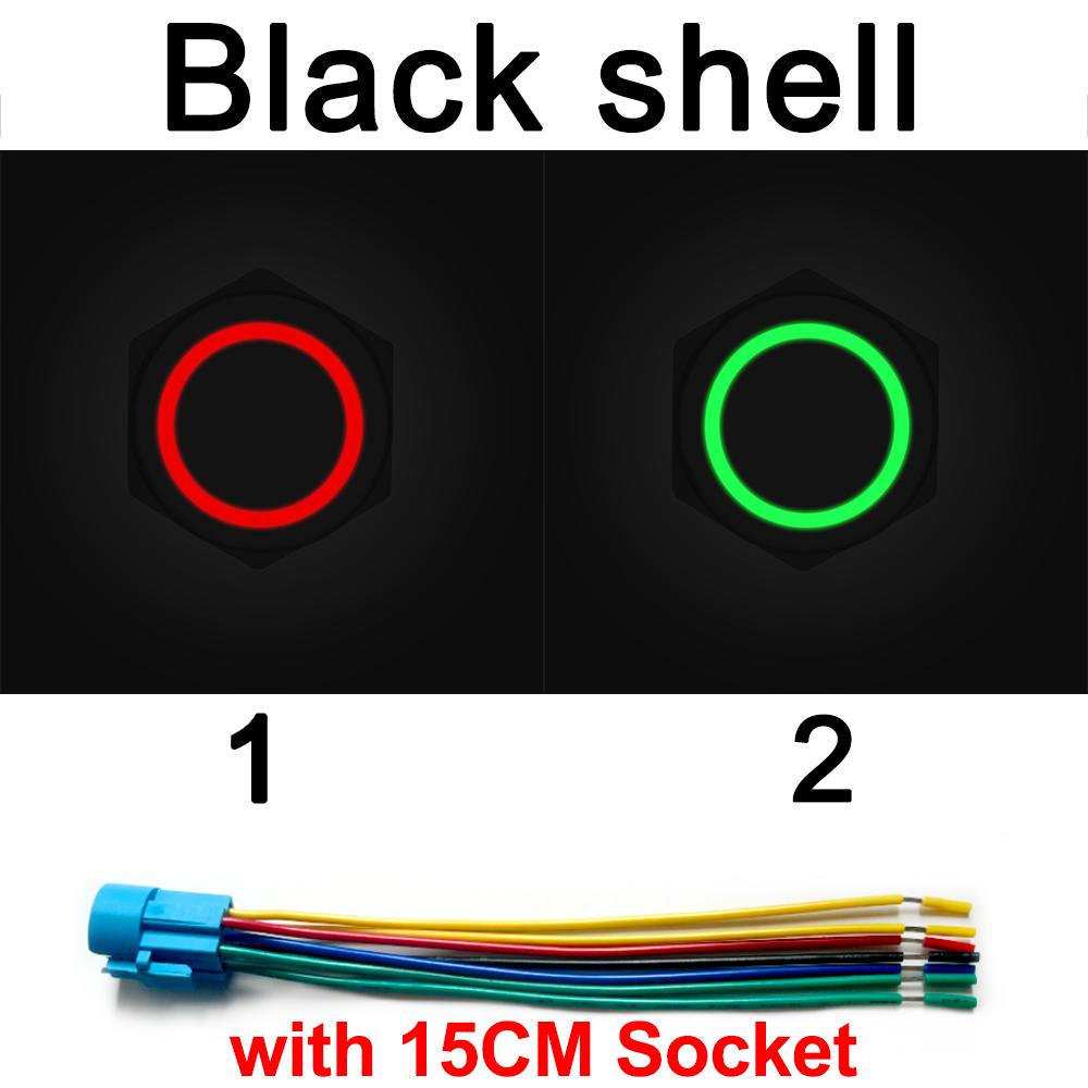 

16/19/22mm Bicolor LED Black Metal Push Button Switch with Socket Plug Waterproof ON OFF Car Boat Start Stop 6V 12V 24V 220V 3-6V (Black Shell)